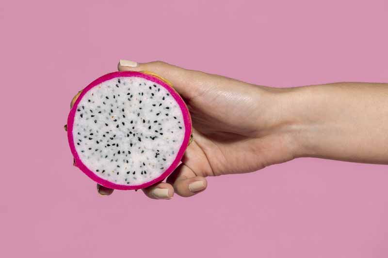 holding a sliced dragon fruit